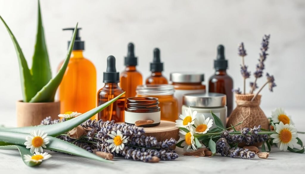 A beautifully arranged still life showcasing a variety of skincare ingredients commonly found at Capri Med Spa. In the foreground, an assortment of natural botanicals such as aloe vera leaves, chamomile flowers, and lavender sprigs. In the middle ground, jars and bottles containing essential oils, serums, and creams in warm, earthy tones. The background is a softly lit, minimalist backdrop, highlighting the natural textures and hues of the ingredients. The overall composition conveys a sense of tranquility, purity, and the therapeutic benefits of these carefully selected skincare elements.