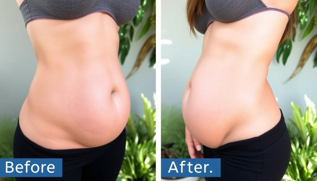 A before-and-after diptych showcasing the remarkable results of stretch mark removal treatments at Capri Med Spa in Silverlake. The left panel depicts the client's skin pre-treatment, with visible stretch marks across the abdomen. The right panel reveals the client's smooth, rejuvenated skin after a series of Capri Med Spa's advanced stretch mark reduction procedures. Crisp, well-lit photographs capture the dramatic transformation, highlighting the clinic's expertise in non-invasive skin revitalization. A serene, natural backdrop subtly frames the client's confident pose, conveying the life-changing impact of the treatment. Attention to detail and lighting lend an air of professionalism, showcasing Capri Med Spa's commitment to exceptional patient care and results.