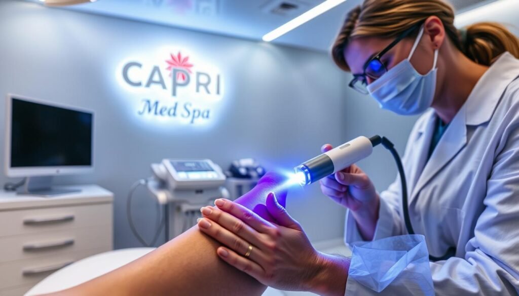 A bright, high-tech medical setting with a Capri Med Spa logo prominently displayed. In the foreground, a technician in a white lab coat gently administers a concentrated laser beam onto a patient's leg, illuminating the targeted spider veins. The procedure is shown in close-up, with the patient's leg partially elevated and the technician's hands delicately guiding the laser device. The background features modern medical equipment, clean surfaces, and subdued lighting that creates a soothing, professional atmosphere. The overall scene conveys the advanced, precise nature of the spider vein removal technique offered at Capri Med Spa.