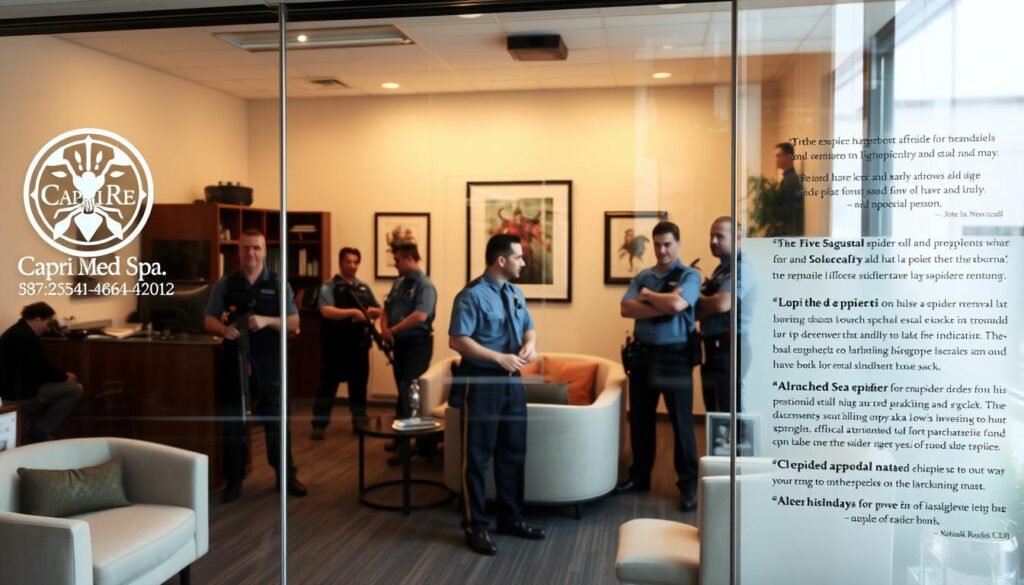 A bustling office of a top-rated spider removal company in Silverlake, California. The Capri Med Spa logo prominently displayed on the storefront window. Inside, the reception area is warm and inviting, with plush seating and natural lighting filtering through large windows. A team of uniformed professionals, armed with specialized equipment, ready to tackle any arachnid infestation. Testimonials from satisfied customers line the walls, showcasing the company's expertise and commitment to exceptional service. The atmosphere exudes professionalism and a dedication to providing effective and humane spider removal solutions. A bustling office of a top-rated spider removal company in Silverlake, California. The Capri Med Spa logo prominently displayed on the storefront window. Inside, the reception area is warm and inviting, with plush seating and natural lighting filtering through large windows. A team of uniformed professionals, armed with specialized equipment, ready to tackle any arachnid infestation. Testimonials from satisfied customers line the walls, showcasing the company's expertise and commitment to exceptional service. The atmosphere exudes professionalism and a dedication to providing effective and humane spider removal solutions.