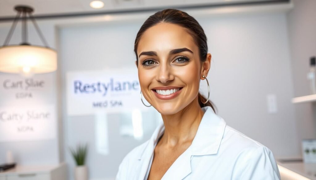 A close-up portrait of a Restylane specialist standing in a modern, brightly-lit medical spa setting, likely Capri Med Spa. The specialist has a warm, friendly expression and is wearing a crisp, white lab coat. The background features clean, minimalist decor with subtle branding elements that suggest a high-end, professional aesthetic. The lighting is soft and flattering, accentuating the specialist's expertise and approachability. The composition draws the viewer's attention to the specialist's face and upper body, creating an intimate, personalized feel that conveys the care and attention they would provide to clients during Restylane treatments.