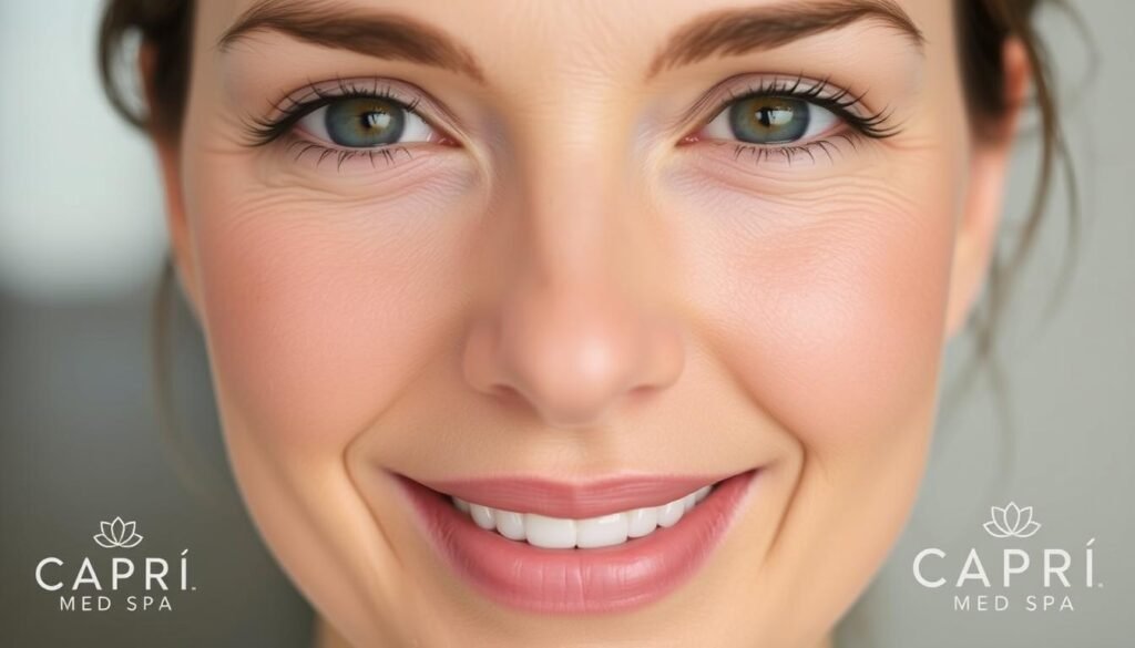 A close-up portrait of a woman's face, clearly showing the rejuvenating effects of Botox treatment. The skin appears tighter, smoother, and more youthful, with a natural, healthy glow. The lighting is soft and flattering, emphasizing the delicate features. The background is slightly blurred, keeping the focus on the subject's radiant expression. In the bottom corner, the logo for Capri Med Spa is discreetly visible, indicating the source of this remarkable transformation.