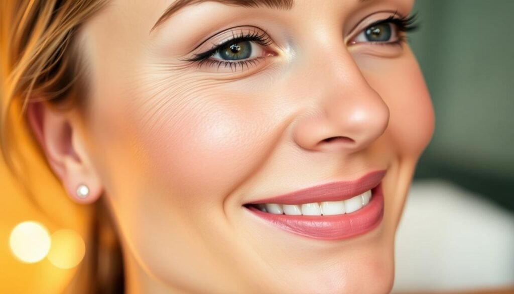 A close-up portrait of a woman's face, showcasing the rejuvenating results of a microdermabrasion treatment at Capri Med Spa in Silverlake. Soft, glowing skin with a luminous, even tone and a subtle radiance. Minimal makeup, allowing the natural beauty of the complexion to shine. Warm, diffused lighting creates a serene, spa-like atmosphere. The woman's expression is relaxed and content, conveying a sense of renewed confidence and youthfulness. The image is captured with a shallow depth of field, focusing the viewer's attention on the flawless, rejuvenated skin.