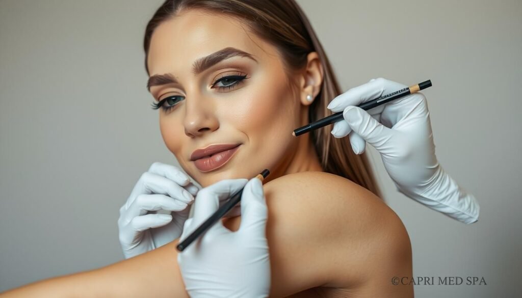 A close-up shot of a Capri Med Spa technician skillfully applying specialized makeup to expertly camouflage various types of scars on a model's arm. The lighting is soft and flattering, accentuating the natural skin tones and highlighting the seamless blending of the cosmetic coverage. The background is blurred, keeping the focus on the intricate scar treatment process. The model's expression conveys confidence and satisfaction with the high-quality scar camouflage service. The overall atmosphere is professional, reassuring, and showcases the expertise of the Capri Med Spa team in Silverlake.