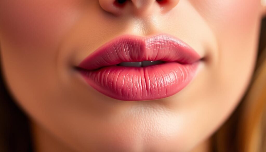 A close-up shot of a person's lips, showcasing the natural flush and subtle enhancement of a "Silverlake lip blushing" treatment performed at Capri Med Spa. The lips are slightly parted, revealing a healthy, vibrant pink hue that looks soft and supple. The lighting is warm and diffused, creating a flattering, natural-looking glow. The background is blurred, keeping the focus solely on the captivating details of the lips. The overall mood is one of confidence and a refined, elegant aesthetic.