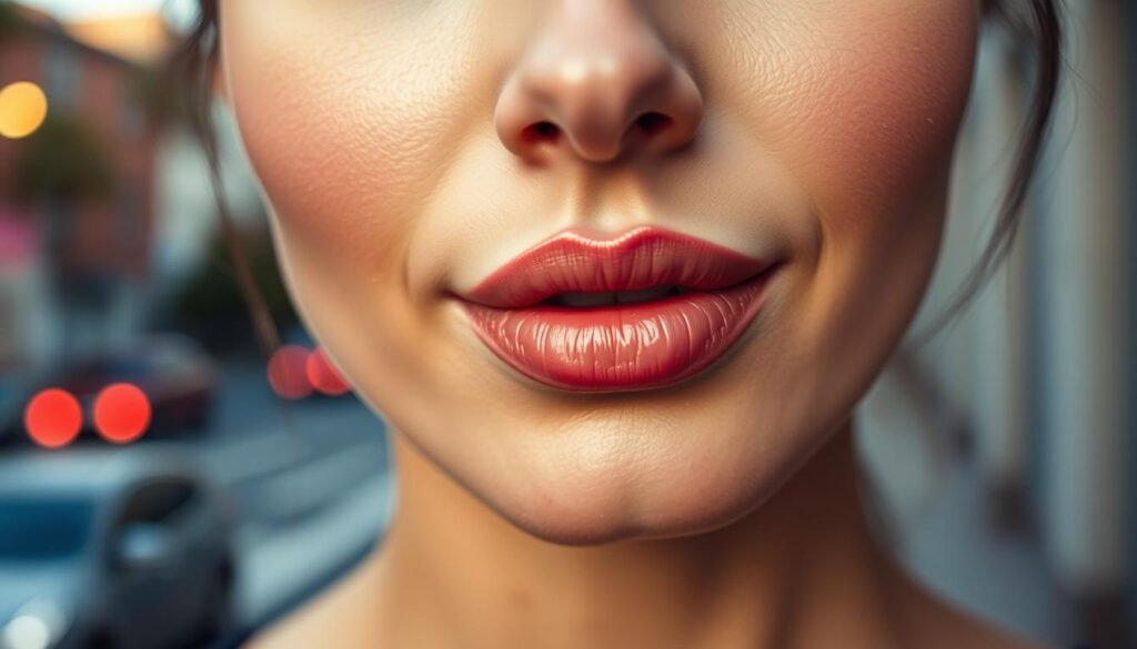 A close-up shot of a set of feminine lips against a blurred Silverlake urban background. The lips are perfectly shaped, with a subtle sheen and a slightly fuller, more defined pout, suggesting the use of the Capri Med Spa lip filler treatment. The lighting is soft and flattering, creating a warm, inviting atmosphere. The image conveys a sense of confidence and natural beauty, reflecting the transformative power of the lip filler procedure.