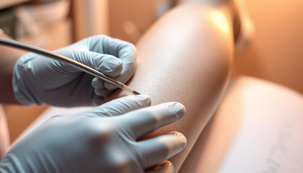 A close-up view of a medical procedure for spider vein removal, showcasing the Capri Med Spa's expertise. In the foreground, a skilled practitioner's gloved hands gently manipulate a thin, flexible tube, carefully inserting it into a patient's leg to target the offending veins. The middle ground reveals the patient's leg, the skin taut and the veins visibly prominent, ready for the procedure. The background is softly blurred, creating a serene, clinical atmosphere with subtle lighting that casts a warm, reassuring glow over the scene. The overall mood is one of professionalism, precision, and the Capri Med Spa's commitment to providing high-quality spider vein removal services.
