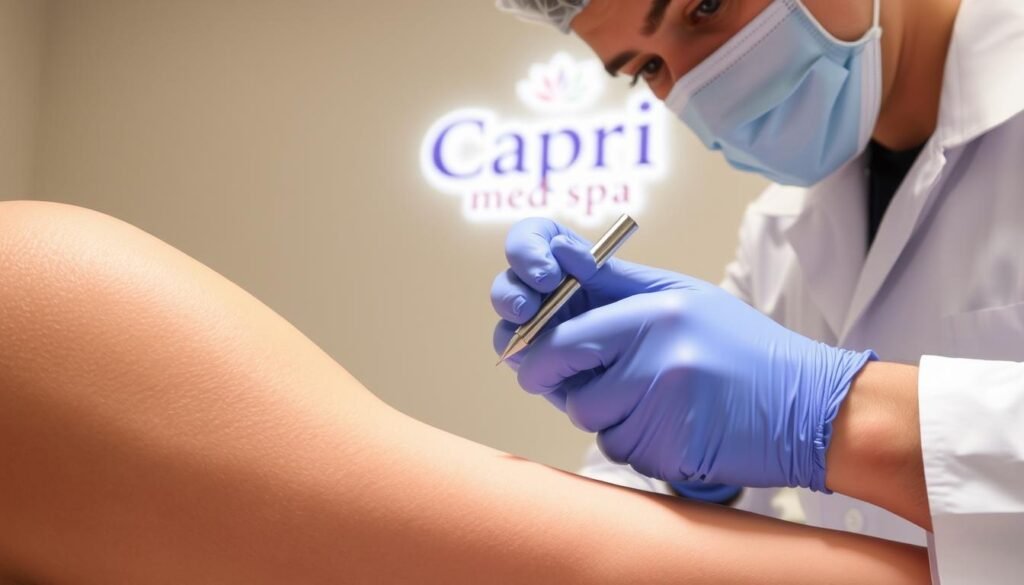 A close-up view of a patient's arm undergoing a surgical procedure to remove a scar. The scene is set in a well-lit, sterile medical environment, with the Capri Med Spa logo prominently displayed in the background. The surgeon, wearing a white coat and surgical gloves, is carefully applying a specialized tool to the patient's skin, meticulously working to minimize the appearance of the scar. The patient's expression conveys a sense of trust and comfort, as the procedure is carried out with precision and care. The overall mood is one of professionalism and confidence, reflecting the expertise of the Capri Med Spa team.