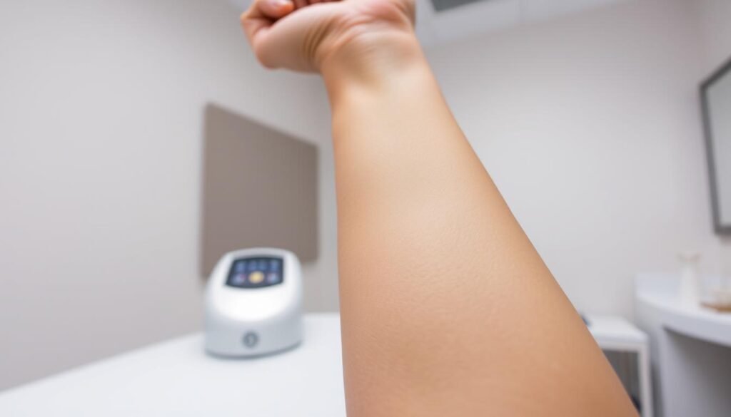 A close-up view of a person's forearm, showcasing a scar removal treatment at Capri Med Spa. The skin appears smooth and even, with a subtle glow, indicating the effectiveness of the procedure. The middle ground features a professional-looking medical device, its sleek design suggesting advanced technology. The background is a clean, minimalist medical setting, conveying a sense of trust and expertise. Soft, diffused lighting from above creates a calming atmosphere, highlighting the care and attention to detail in the treatment process.