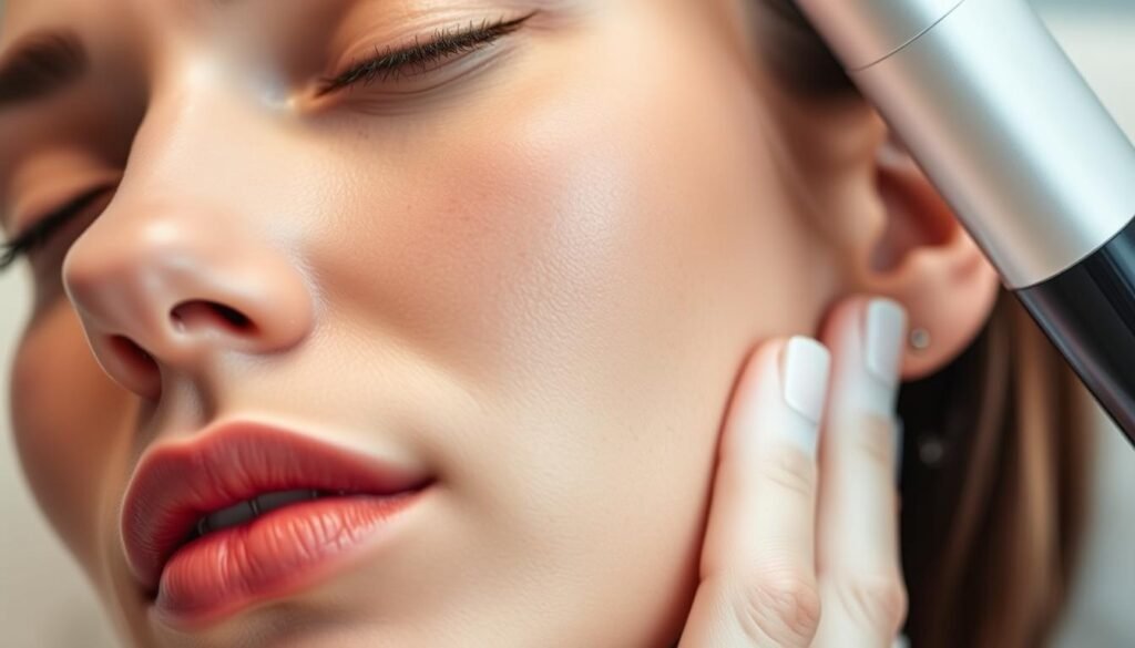 A close-up view of a woman's face, showcasing the application of a dark spot removal treatment. The skin appears uneven, with discolored patches that need attention. Capri Med Spa's advanced skincare technology is gently applied, working to fade the blemishes and restore a more even, radiant complexion. The lighting is soft and diffused, creating a serene and calming atmosphere. The camera angle is slightly angled, providing a detailed, yet intimate perspective on the treatment process. The focus is sharp, allowing the viewer to appreciate the delicate texture and subtle changes in the skin's appearance.