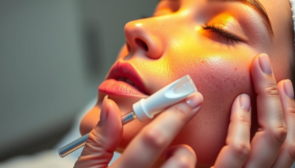 A close-up view of a woman's face undergoing an acne removal treatment at the Capri Med Spa. The skin is illuminated by soft, warm lighting, highlighting the texture and imperfections. In the foreground, a beautician's hand gently applies a specialized serum or cream to the affected areas, using a delicate touch. The background is blurred, creating a sense of focus on the treatment process. The overall mood is serene, professional, and tailored to the individual's skincare needs.