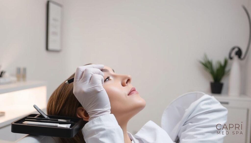 A cosmetic tattoo artist working at the Capri Med Spa, meticulously applying powdered brow makeup to a client's face. The artist's hands are steady, their gaze focused, as they carefully shape and fill in the client's eyebrows with a delicate touch. Soft, diffused lighting illuminates the scene, creating a serene, professional atmosphere. The artist wears a crisp white lab coat, their tools organized on a nearby tray. In the background, a clean, minimalist aesthetic with white walls and modern decor sets the stage for this effortless brow enhancement procedure.