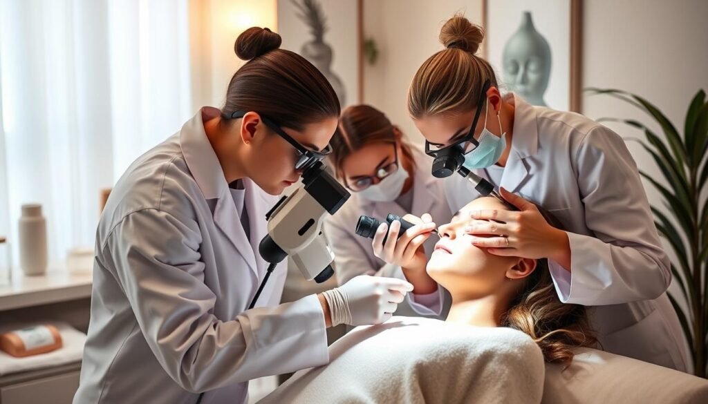 A group of professional black spot removal specialists at the Capri Med Spa in Silverlake, expertly examining a client's skin under soft, diffused lighting. The specialists, wearing pristine white lab coats, use high-tech tools and magnifying glasses to meticulously analyze and treat the client's complexion. The serene, spa-like atmosphere is enhanced by minimalist decor and natural elements, creating a calming and rejuvenating environment. The image conveys the specialized expertise and care provided by the Capri Med Spa team, addressing the concerns of their clients with precision and diligence.