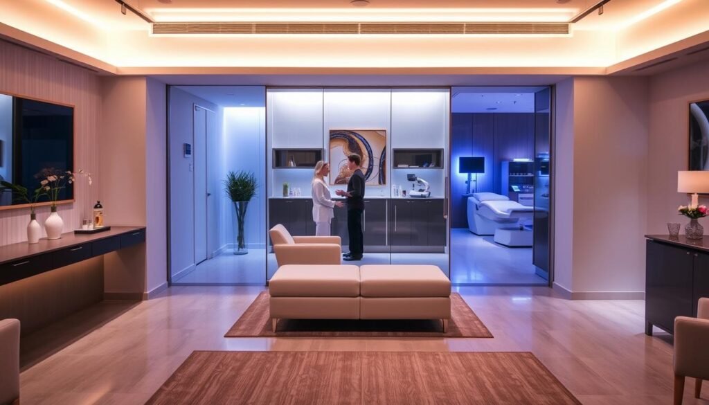 A high-end medical spa with a discreet, private setting. In the foreground, a serene and welcoming reception area with soft lighting and modern, minimalist decor. A middle ground showcases a consultation room, where a Capri Med Spa professional discusses scar concealment options with a client. In the background, state-of-the-art treatment rooms suggest the advanced technologies and techniques available. The overall atmosphere conveys a sense of trust, expertise, and personalized care, reflecting the reputation of Capri Med Spa in Silverlake for exceptional scar camouflage services.