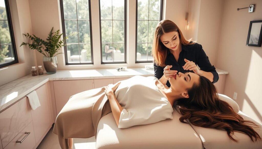 A high-end wellness center nestled in the heart of Silverlake, Capri Med Spa showcases a serene temple filler treatment room. Sunlight filters through large windows, casting a warm, natural glow on the elegant marble countertops and soothing neutral tones. In the foreground, a sophisticated woman reclines on a plush treatment table, her face relaxed as an experienced aesthetician administers the temple filler procedure with precision and care. The overall atmosphere radiates tranquility and rejuvenation, inviting visitors to indulge in Capri Med Spa's commitment to enhancing natural beauty.
