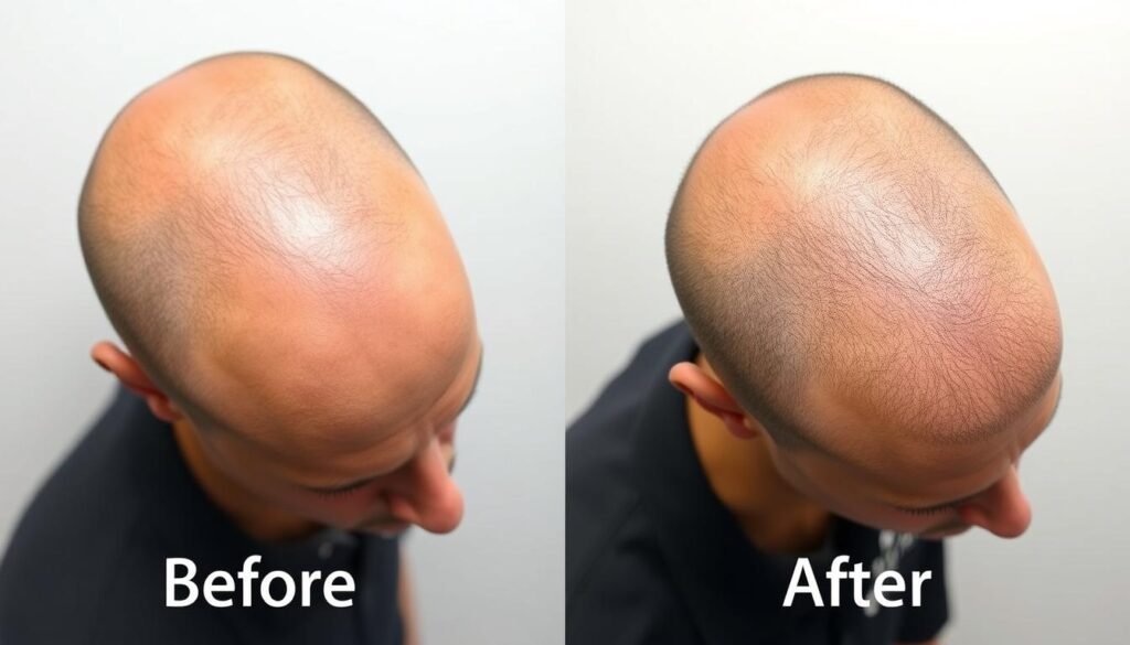 A high-quality before and after photograph showcasing a scalp micropigmentation treatment at Capri Med Spa in Silverlake. In the before image, a balding male subject with thin, sparse hair on the top of his head. The after image depicts the same subject with a natural-looking, densely pigmented scalp, providing the appearance of a full head of short, neatly trimmed hair. Lighting is soft and diffused, with a clean white background accentuating the transformation. The photographs are captured with a professional-grade camera, using a medium telephoto lens to provide a flattering perspective. The mood is one of subtle confidence and satisfaction with the results of the Capri Med Spa's scalp micropigmentation treatment.