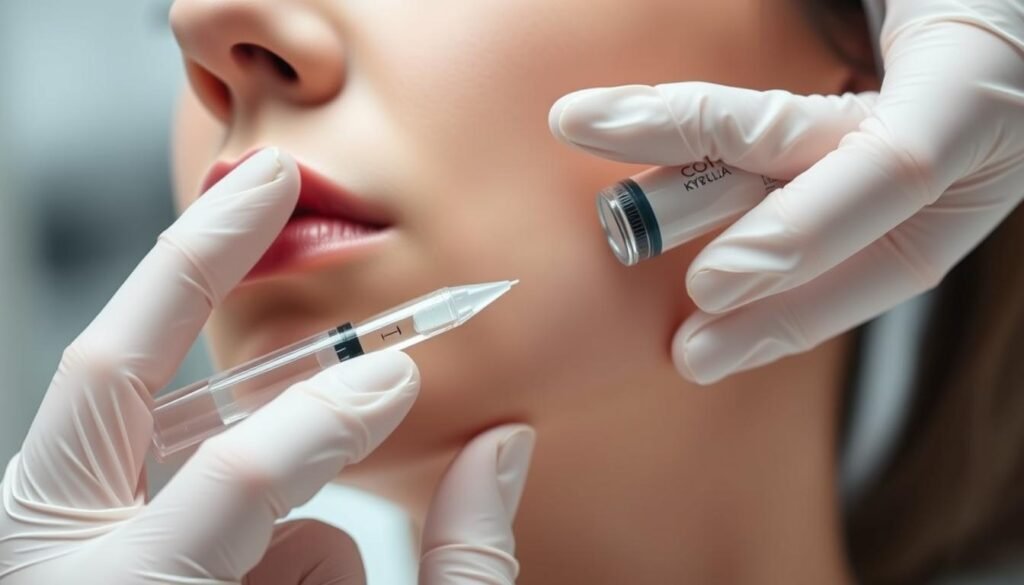 A high-quality close-up photograph of Kybella treatment being administered at Capri Med Spa. The image shows a clinician's hand injecting a clear liquid into the patient's double chin area, with the patient's face in the background. The lighting is soft and flattering, creating a serene and professional atmosphere. The angle is slightly elevated, providing a detailed view of the treatment process. The overall composition emphasizes the precision and care taken during the Kybella procedure, highlighting its effectiveness in reducing the appearance of a double chin.