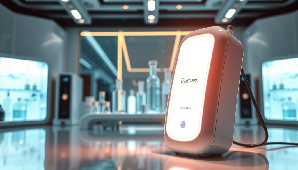 A high-tech laboratory setting with cutting-edge skin brightening equipment. In the foreground, a Capri Med Spa branded device emits a soft, radiant glow, hinting at the advanced technology within. In the middle ground, scientific instruments and glassware suggest the rigorous research and development behind this skin brightening innovation. The background features sleek, minimalist decor with clean lines and cool tones, creating a sense of clinical precision. Warm, directional lighting highlights the device's contours, conveying the power and efficacy of this skin brightening technology.