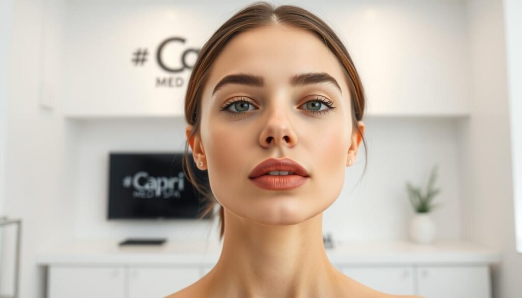 A minimalist and modern medical spa setting with natural lighting, featuring the Capri Med Spa brand logo prominently displayed. In the center, a close-up of a young woman's face with full, plump lips, the result of skillfully applied lip injections. The background is a clean, neutral palette with subtle textures, allowing the subject to be the focal point. The overall mood is one of professionalism, confidence, and natural beauty.