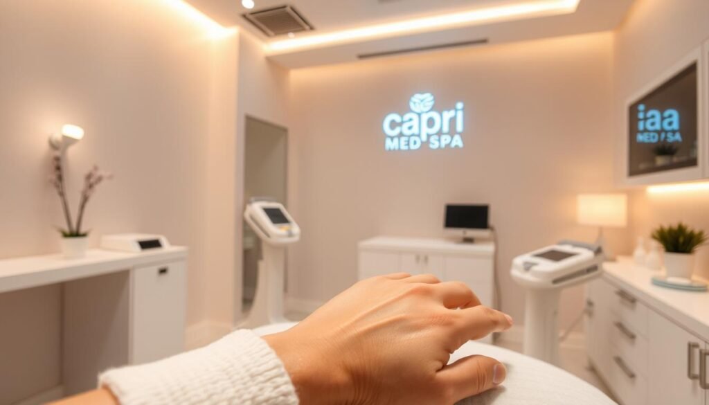 A pristine, minimalist medical clinic setting with the Capri Med Spa brand prominently displayed. The foreground features a person's hand receiving a cosmetic treatment on their skin, with a close-up view of the skin's texture and blemishes being addressed. The middle ground showcases the advanced equipment and tools used by the skilled aestheticians. The background depicts a serene, soft-lit environment that evokes a sense of tranquility and professionalism. Warm lighting, muted colors, and clean lines create an atmosphere of trust and expertise, perfectly suited for the "Benefits of Black Spot Removal" topic.