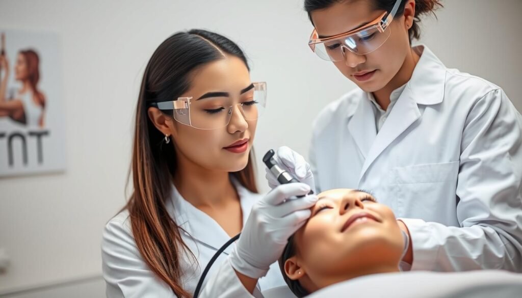 A professional, well-lit portrait of a Microneedling specialist working at the Capri Med Spa in Silverlake. The specialist stands in a clean, modern treatment room, wearing a white lab coat and protective goggles. Their hands are steadily wielding a microneedling device, the tiny needles piercing the skin of a relaxed client. The lighting is soft and diffused, highlighting the specialist's focused expression and the client's serene, rejuvenated complexion. The background is blurred, drawing the viewer's attention to the intricate, targeted skin treatment.