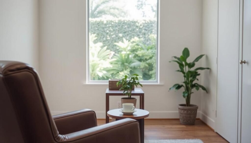A serene and inviting interior scene of the Capri Med Spa in Silverlake. In the foreground, a comfortable leather armchair faces a wooden side table, upon which rests a potted plant and a warm cup of tea. The middle ground features a large window overlooking a lush garden, bathing the space in soft, natural light. The background showcases the spa's minimalist, yet elegant decor, with clean lines and muted tones creating a calming atmosphere. The overall scene exudes a sense of tranquility and relaxation, perfectly capturing the essence of a satisfied client's testimonial for the Capri Med Spa.