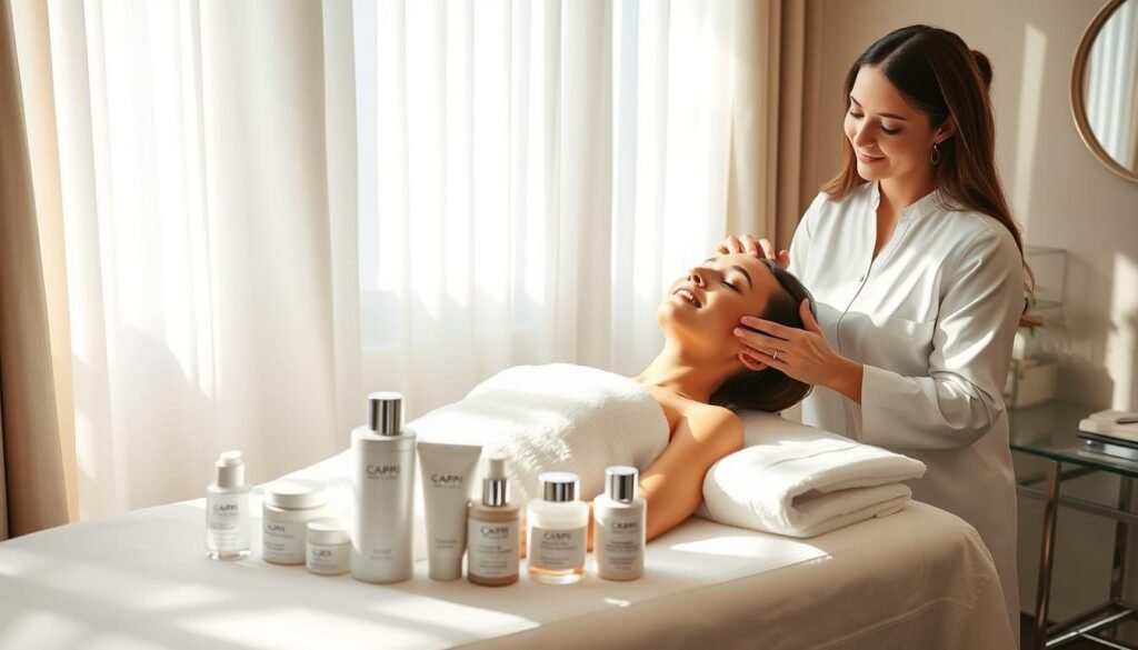 A serene and inviting scene of a Capri Med Spa treatment room, bathed in soft natural light filtering through airy curtains. On a pristine white table, an array of rejuvenating facial products stands ready, their sleek packaging hinting at the luxurious experience to come. A model reclines comfortably, her eyes closed in tranquil relaxation as a skilled aesthetician performs a soothing, hydrating facial treatment, their gentle movements conveying a sense of pampering and renewal. The atmosphere is one of calming serenity, a sanctuary of self-care where the stresses of everyday life melt away, leaving the skin radiant and the spirit refreshed.