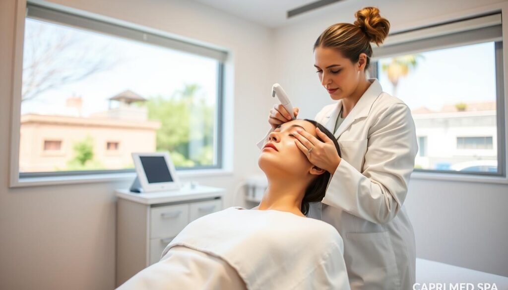 A serene and professional scene of a Capri Med Spa freckle removal treatment in Silverlake. A model sits comfortably in a pristine, well-lit treatment room, their face gently illuminated by soft, diffused lighting. The room's clean, minimalist decor creates a calming ambiance. The technician, wearing a crisp, white lab coat, carefully applies a specialized treatment to the model's face, their movements precise and assured. In the background, a large window offers a glimpse of the vibrant Silverlake neighborhood, adding a sense of place. The overall atmosphere conveys the expertise and care of the Capri Med Spa team.