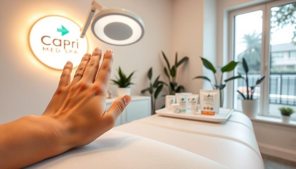 A serene, brightly-lit medical spa interior with warm natural lighting. In the foreground, a patient's hand rests on a clean treatment table, showcasing a well-healed scar. Behind, a Capri Med Spa logo-branded examination lamp casts a soft glow. The middle ground features a display of premium scar treatment products, neatly arranged. The background reveals a calming, minimalist decor with white walls, subtle greenery accents, and a large window offering a glimpse of the Silverlake neighborhood.