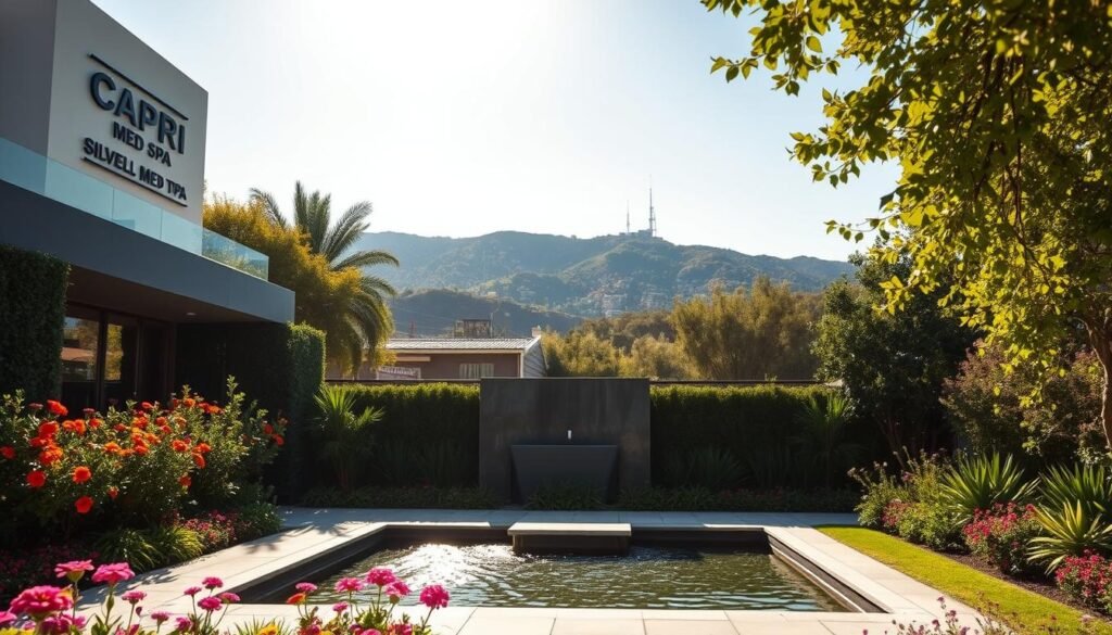 A serene, sun-drenched outdoor scene in the heart of Silverlake, Los Angeles. The Capri Med Spa stands tall, its modern architecture blending seamlessly with the lush, verdant surroundings. In the foreground, a well-manicured garden showcases an array of vibrant flowers, inviting visitors to relax and unwind. The middle ground features a sleek, minimalist water feature, its gentle streams reflecting the warm California sun. In the background, the iconic Hollywood Hills rise, providing a picturesque backdrop to this tranquil oasis. The overall atmosphere is one of calm, rejuvenation, and the promise of a transformative Sculptra experience.