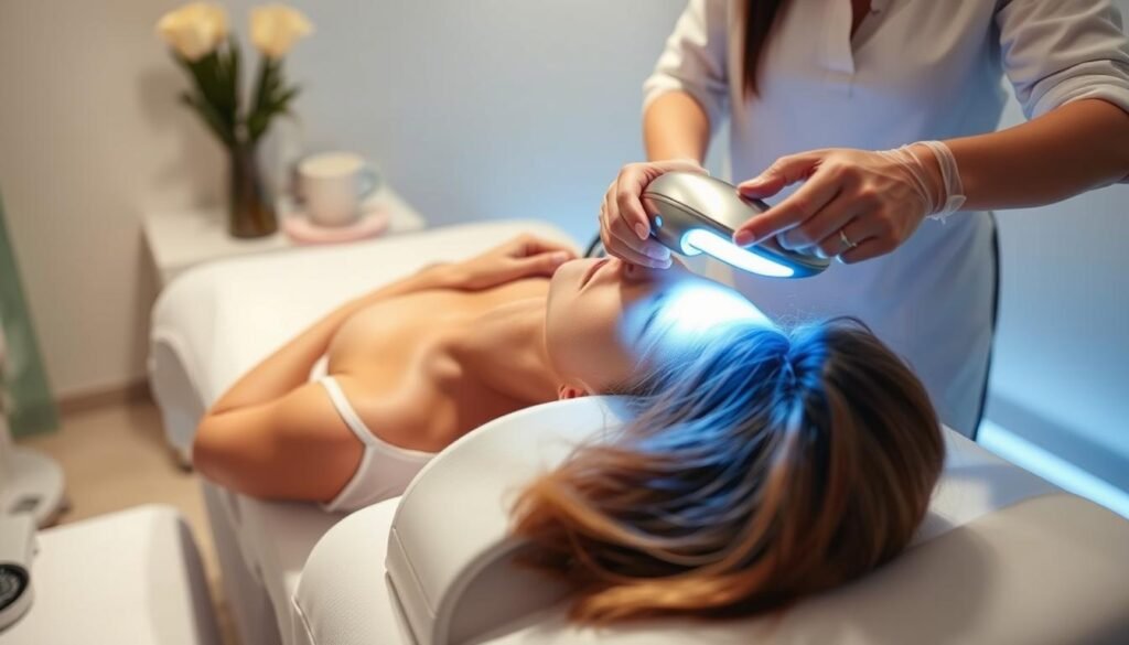 A tranquil treatment room at Capri Med Spa, bathed in soft, diffused lighting. On a pristine white table, a patient reclines as a skilled clinician gently applies the IPL Silverlake handpiece, its sleek metallic surface gleaming. The patient's skin glows with a radiant, rejuvenated complexion, the result of this specialized light-based therapy. Calming, neutral tones create a serene atmosphere, while medical-grade equipment and modern decor convey a sense of professionalism and expertise. This scene captures the transformative power of Capri Med Spa's IPL Silverlake treatments, as showcased in their patient testimonials and success stories.