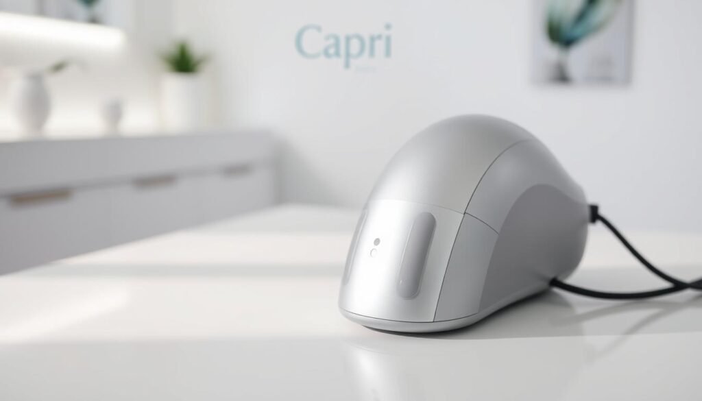 A well-lit, close-up view of an IPL (Intense Pulsed Light) hair removal device in a modern, minimalist medical spa setting. The device is prominently displayed on a clean, white surface, showcasing its sleek, silver design. The background is slightly blurred, creating a sense of depth and focus on the device. Soft, diffused lighting casts gentle shadows, highlighting the device's contours and textures. The overall atmosphere is calming and professional, reflecting the expertise of Capri Med Spa.