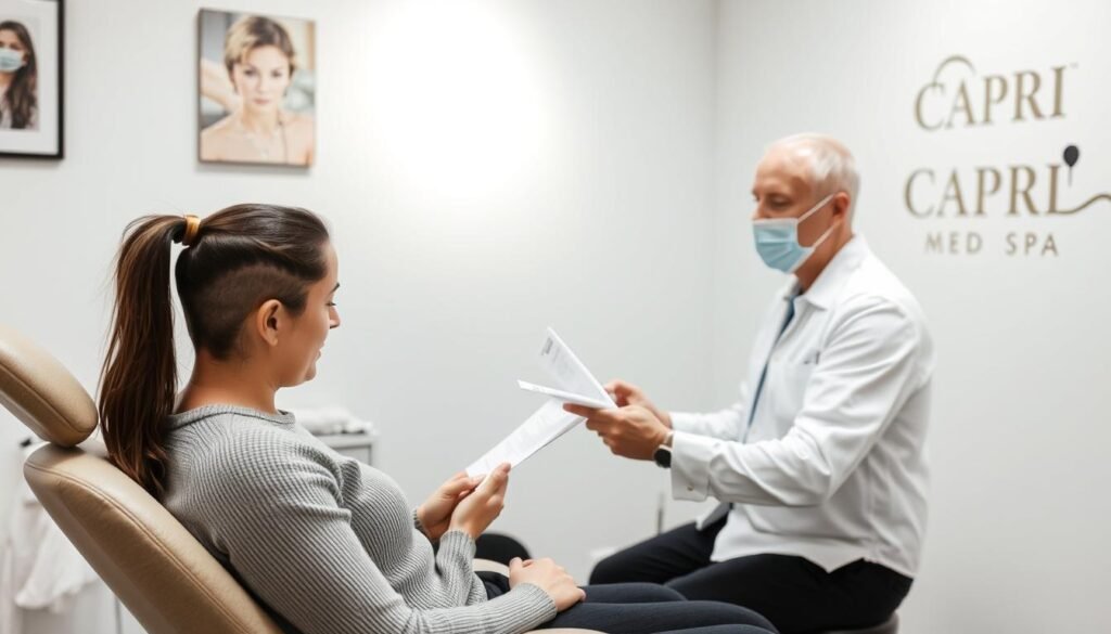 A well-lit examination room at Capri Med Spa, with a patient sitting in a comfortable chair. The patient is carefully reviewing pre-treatment instructions and consulting with a skilled technician, who is explaining the Scalp Micropigmentation (SMP) process in detail. The technician's hands are positioned, ready to perform the delicate procedure. The room is clean, sterile, and exudes an atmosphere of professionalism and care. Soft, diffused lighting illuminates the scene, creating a soothing and reassuring environment for the patient's preparation.