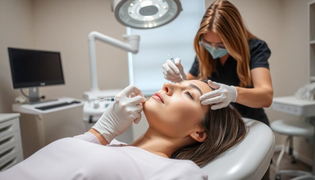 A well-lit medical procedure room, with a patient reclined on a treatment table as a Capri Med Spa technician carefully injects Restylane dermal filler into their face. The technician's hands are steady, and they work with precision, guided by their expertise. The patient's expression is one of calm and trust, as they undergo the Restylane treatment. The room is clean and sterile, with modern medical equipment in the background, creating a professional and reassuring atmosphere. The camera angle captures the procedure from an angle that showcases the technician's technique, allowing the viewer to observe the process in detail.