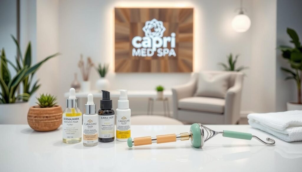 A well-lit, professional-looking image showcasing various stretch mark removal treatments offered at Capri Med Spa in Silverlake. The foreground features several skincare products and tools, such as a derma roller, serum bottles, and a jade facial roller, arranged neatly on a clean, white surface. The middle ground depicts a relaxing spa setting with soft lighting, calming plants, and a cozy, neutral-toned armchair. In the background, a tasteful, minimalist wall display highlights the Capri Med Spa logo and branding. The overall atmosphere conveys a sense of professionalism, luxury, and efficacy in the clinic's stretch mark removal services.