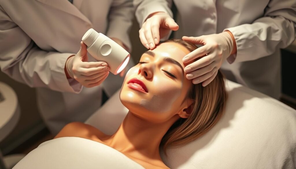 Elegant acne removal treatment at Capri Med Spa. Soft, diffused lighting illuminates a serene scene. A young woman reclines comfortably, her face cleansed and prepped for a targeted skincare procedure. Skincare experts in crisp, white lab coats tenderly apply a purifying mask, utilizing advanced technology to gently extract impurities. The overall atmosphere exudes professionalism, care, and a sense of tranquility - a sanctuary for skin rejuvenation.