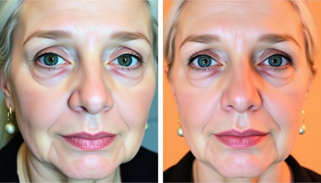 High-quality before and after images of a client's face, showcasing the results of Juvéderm Silverlake treatments at Capri Med Spa. The left image depicts the client's face in natural lighting, with visible signs of aging and skin imperfections. The right image showcases the client's rejuvenated, smoother, and more youthful appearance after the Juvéderm Silverlake procedure, captured in a warm, soft-focused studio setting. The images are presented in a clean, professional manner, emphasizing the transformative power of the treatment and the expertise of the Capri Med Spa team.