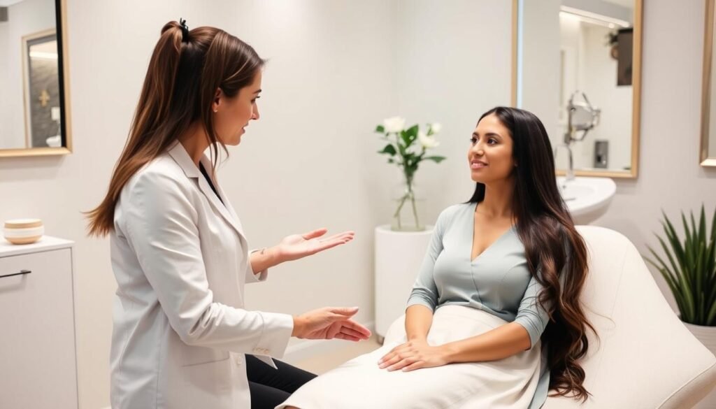 Kybella consultation at Capri Med Spa: A patient sits comfortably in a modern, well-lit treatment room, consulting with a skilled aesthetician. The room has a soothing, spa-like atmosphere, with soft lighting and calming decor. The aesthetician, dressed in a clean, professional attire, discusses the Kybella procedure in detail, explaining the process and expected results. The patient's double chin is gently examined, and the treatment plan is customized to their individual needs. A sense of trust and professionalism pervades the scene, as the patient prepares to take the first step towards a more confident, refined appearance.