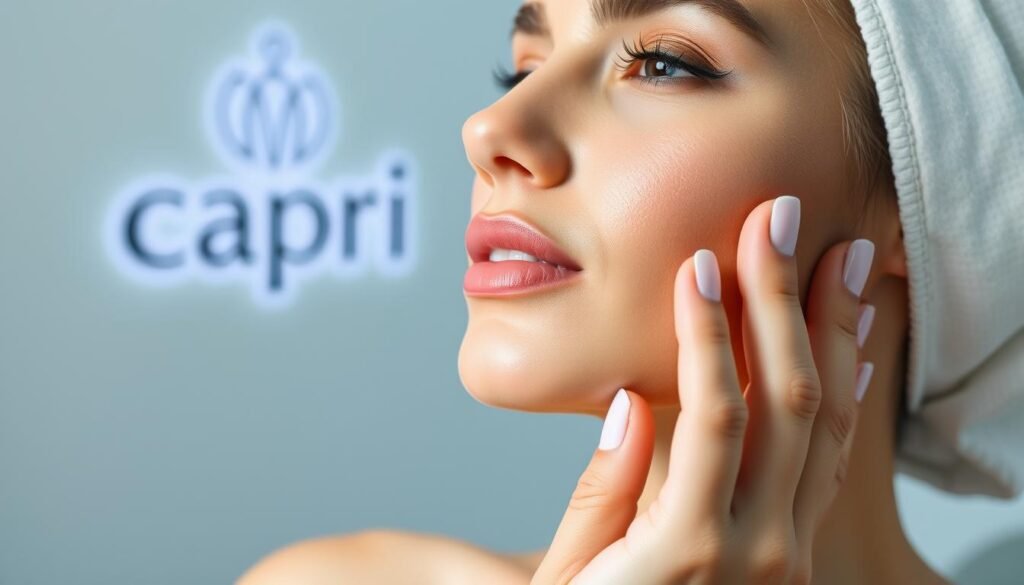 Prompt A close-up shot of a woman's face, gently applying a soothing aftercare serum to her jawline. The Capri Med Spa logo prominently displayed in the background, signifying the source of the high-quality treatment. Soft, diffused lighting creates a calming, professional atmosphere, highlighting the delicate skin and the graceful movements of the woman's hands. The frame is tightly composed, emphasizing the importance of proper post-treatment care for optimal results from jawline filler injections.