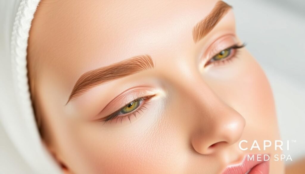 Soft, glowing skin accentuated by delicately powdered brows in a serene, minimalist setting. Close-up view of a model's face, with even lighting from above illuminating the natural beauty. Capri Med Spa logo subtly placed in the corner. Serene, calming atmosphere with a sense of effortless elegance. Detailed textures of skin, brow hairs, and makeup application visible. Muted color palette of soft pinks, beiges, and whites. Slight depth of field blur to focus attention on the brow area. Conveying the care and attention required to maintain perfect powdered brows.