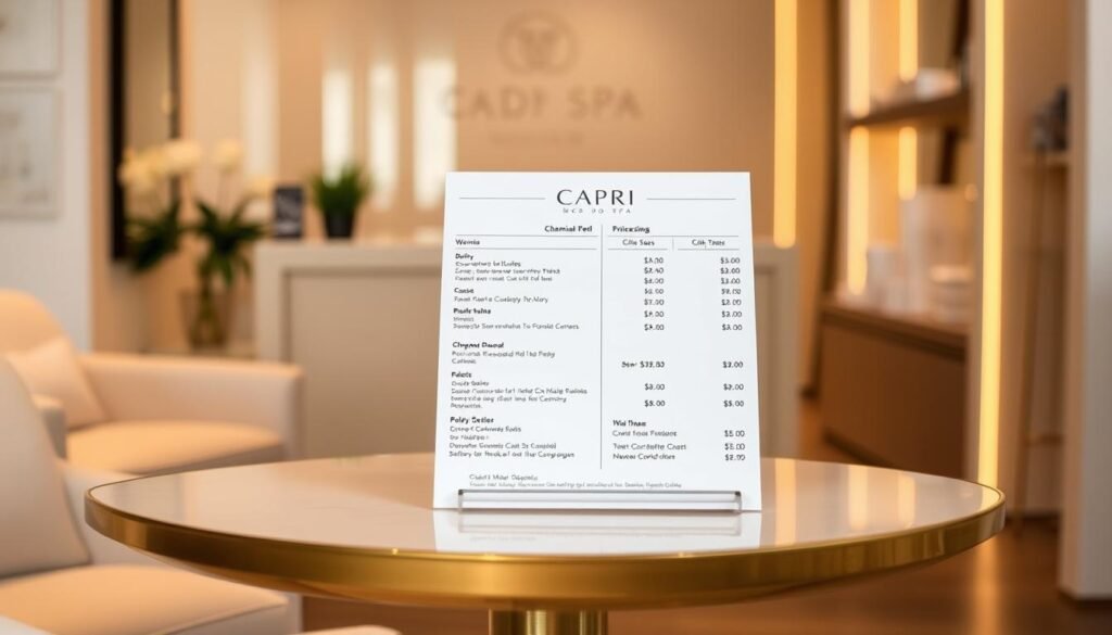 A beautifully designed and neatly organized price list for chemical peels at Capri Med Spa in Altadena. The list is displayed on a sleek, modern table with a minimalist design, set against a softly blurred background of the spa's interior. The lighting is warm and inviting, creating a serene and relaxing atmosphere. The price information is presented in a clear, easy-to-read format, highlighting the various chemical peel options and their corresponding costs. The overall composition and styling convey a sense of professionalism and attention to detail, reflecting the high-quality services offered at Capri Med Spa.