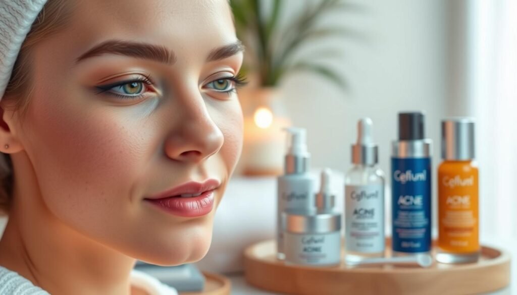 A beautifully lit, high-resolution image showcasing the effective acne solutions offered at Capri Med Spa in Altadena. In the foreground, a serene and radiant face with clear, blemish-free skin, illuminated by soft, diffused lighting. In the middle ground, a selection of Capri Med Spa's premium skincare products, neatly arranged and showcasing their high-quality ingredients. The background features a tranquil, spa-like environment, with calming pastel tones and a sense of relaxation. The overall atmosphere conveys the transformative power of Capri Med Spa's acne treatments, leading to visibly improved skin health and confidence.