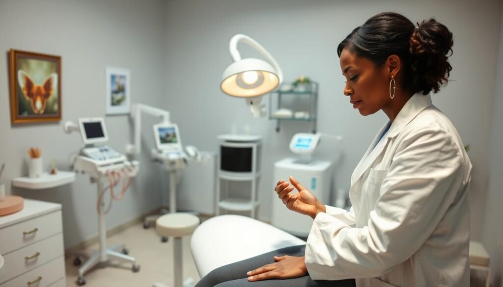 A bright, well-lit examination room at Capri Med Spa. In the foreground, a patient sits on an examination table, their birthmark clearly visible. A medical professional, wearing a clean white coat, leans in to carefully inspect the birthmark, their expression thoughtful and attentive. The middle ground features an array of medical equipment and instruments, neatly organized and ready for use. The background showcases soothing, calming decor, putting the patient at ease. Soft, diffused lighting creates a warm, inviting atmosphere, as the medical professional explains the birthmark removal consultation process to the patient.