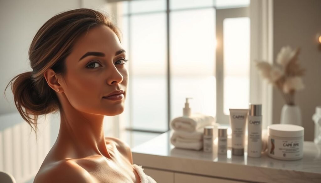 A calm, soothing scene of post-chemical peel aftercare at Capri Med Spa. In the foreground, a woman's serene face, her skin glowing with a healthy radiance after a rejuvenating treatment. Plush white towels and luxurious skincare products from Capri Med Spa are neatly arranged on a marble vanity. Diffused, natural lighting filters through a large window, casting a warm, tranquil atmosphere. The middle ground features a serene, minimalist interior with neutral tones and clean lines, conveying a sense of relaxation and restoration. The background blurs into a tranquil, out-of-focus view, allowing the focus to remain on the woman's renewed, luminous complexion.