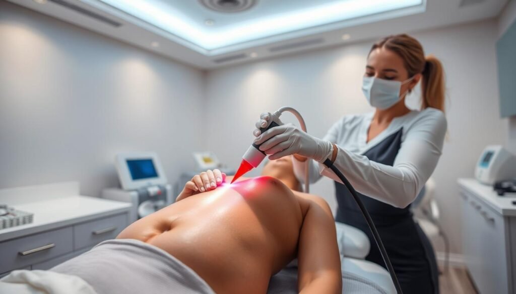 A clinical treatment room in Capri Med Spa, Toluca Lake, with a patient undergoing a laser stretch mark removal procedure. The room is well-lit with a combination of soft, diffused overhead lighting and focused beams from the laser device. The patient's skin is exposed, revealing the targeted stretch marks, and the laser technician is carefully maneuvering the device over the affected areas. The atmosphere is sterile yet calming, with clean, white surfaces and medical equipment in the background. The overall mood conveys a professional, high-quality cosmetic treatment experience.