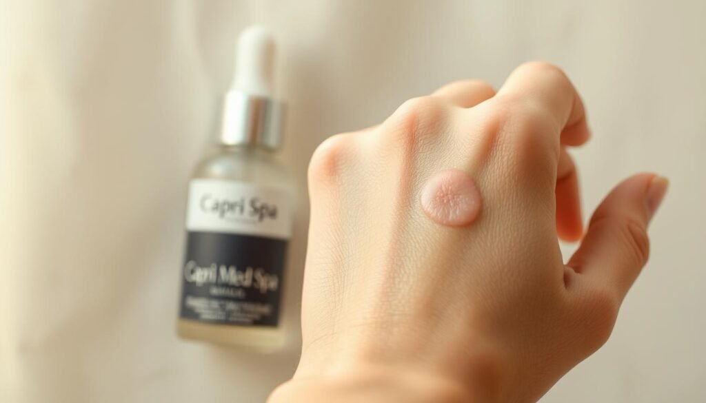 A close-up, high-resolution image of a woman's hand against a light, natural background. The hand features prominent age spots on the skin, which appear to be fading or disappearing. The lighting is soft and diffused, creating a warm, glowing effect. In the foreground, the hand is in sharp focus, showcasing the benefits of age spot removal. In the middle ground, a bottle or container labeled "Capri Med Spa" is visible, subtly indicating the source of the age spot treatment. The overall mood is one of rejuvenation and skin improvement.