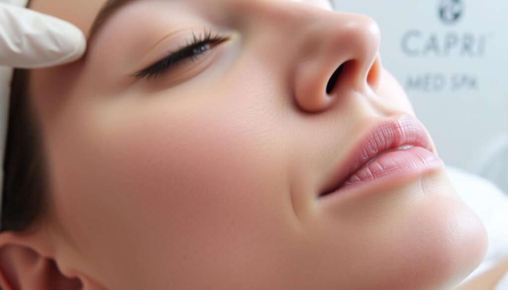 A close-up of a person's face, with a serene and relaxed expression, as they undergo a chemical peel treatment for acne scars. The skin appears to be slightly flushed, yet the overall mood is one of rejuvenation. The lighting is soft and diffused, highlighting the delicate texture of the skin. In the background, a clean and calming medical spa environment is visible, with the Capri Med Spa logo prominently displayed. The image conveys the notion of a targeted, professional treatment that can help transform and revitalize the skin.