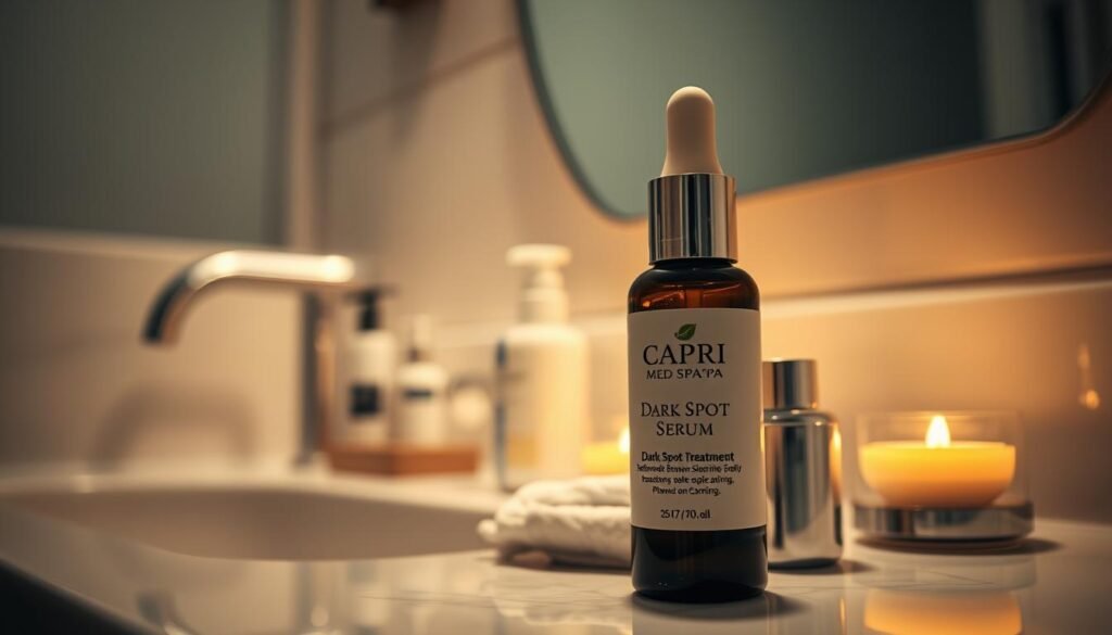 A close-up of a serene, dimly lit bathroom setting. On the vanity, a collection of Capri Med Spa skincare products, including a bottle of their signature dark spot treatment serum. The serum bottle's label is clearly visible, highlighting the brand name. The lighting is soft and warm, creating a sense of relaxation and self-care. The background is slightly blurred, drawing the viewer's attention to the product in the foreground. The overall mood is one of tranquility and wellness, aligning with the section title "Safety and Efficacy of Brown Spot Removal".