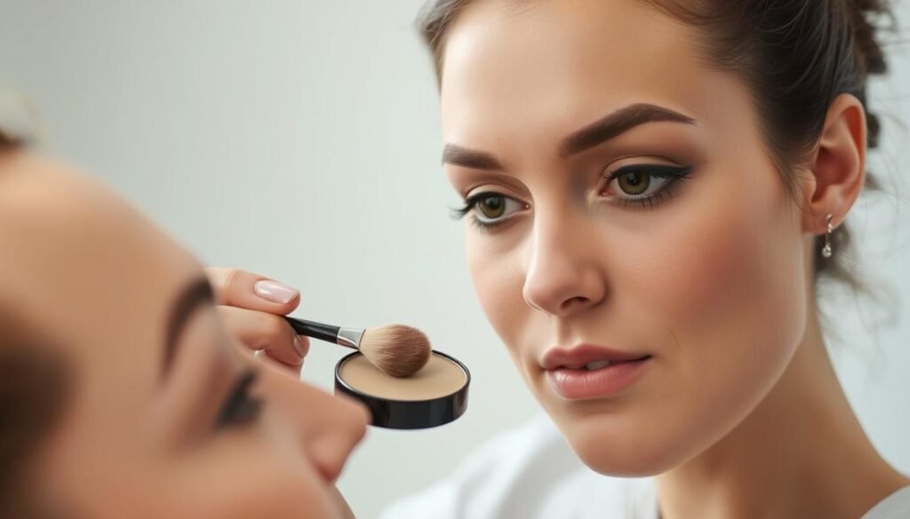 A close-up portrait of a professional brow artist working at Capri Med Spa in Altadena, California. The artist, a woman with precise movements and an intense focus, is meticulously applying a powdered brow makeup product to a client's face, creating a natural, effortless look. Soft, diffused lighting illuminates the scene, highlighting the delicate features and the artist's skilled technique. The background is blurred, placing the emphasis on the brow application process. The mood is one of calm, confidence, and expertise, reflecting the section title "Choosing the Right Color for Your Powdered Brows".