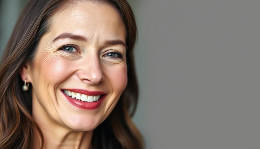 A close-up portrait of a smiling middle-aged woman with rosy, youthful lips, showcasing the results of a professional lip blushing treatment at Capri Med Spa in Altadena. The lighting is soft and flattering, highlighting the natural texture and warmth of her skin. The background is slightly blurred, keeping the focus on her radiant, rejuvenated pout. The overall mood is one of confidence and satisfaction, reflecting the transformative power of this specialized cosmetic procedure.